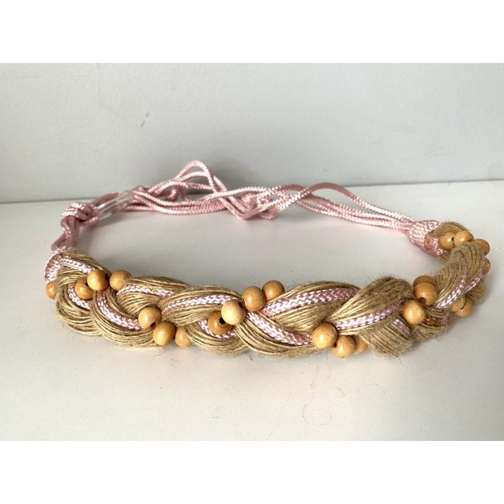 Vintage Statement Braided Beaded Belt Womens Tan Pink Tie Waist 80s 90s Boho